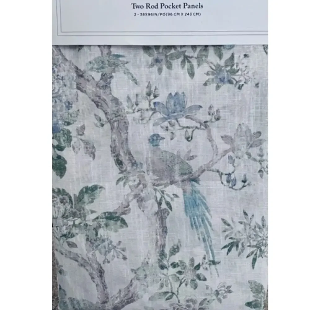 Linen Floral Bird Curtains Set of Two 38x84 Avian Rod Pocket Linen Blend